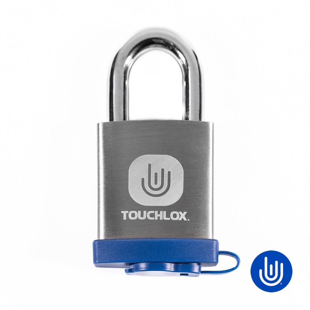 Touchlox Waterproof Outdoor Biometric Fingerprint Padlock with Backup Keys and Smart Phone App.