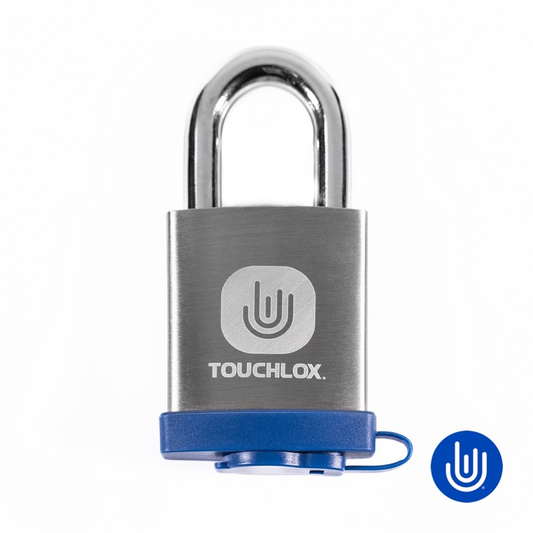Touchlox Waterproof Outdoor Biometric Fingerprint Padlock with Backup Keys and Smart Phone App.